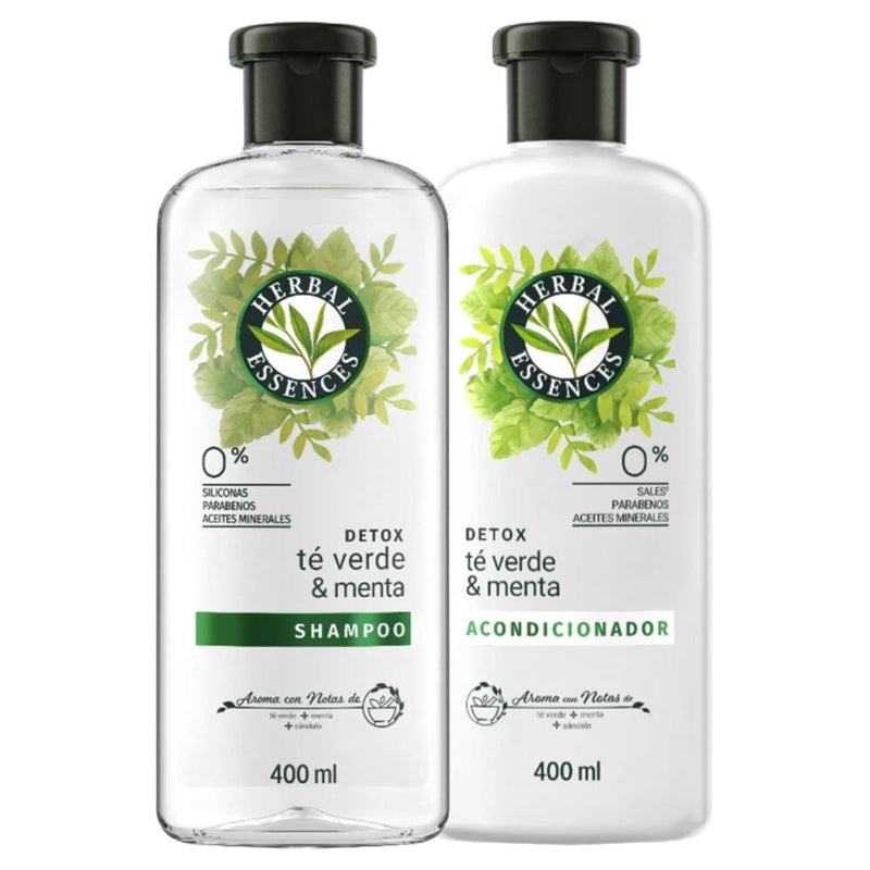 Kit Shampoo y Acondicionador Detox Té Verde y Menta Herbal Essences 400 ml c/u Higiene Personal Casanova 