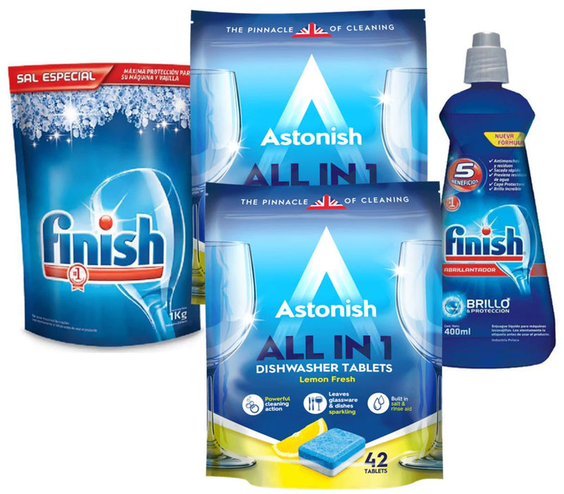 Pack Limpieza Lavavajillas 84 Tabletas + Sal 1 kg + Abrillantador 400 ml Baño y Cocina Astonish 