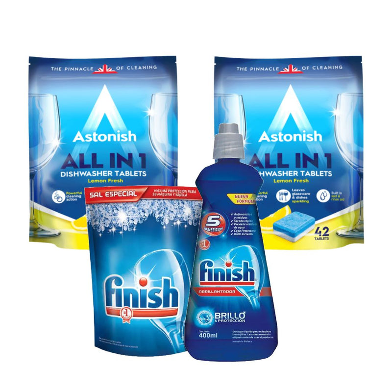 Pack Limpieza Lavavajillas 84 Tabletas + Sal 1 kg + Abrillantador 400 ml Baño y Cocina Astonish 