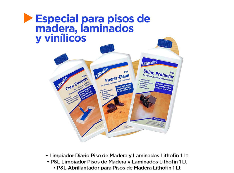 Pack Pisos Madera, Laminados y Vinilicos (Limpieza Diaria + Profunda + Abrillantador) 1 Lt/cu Lithofin Hogar Protac 